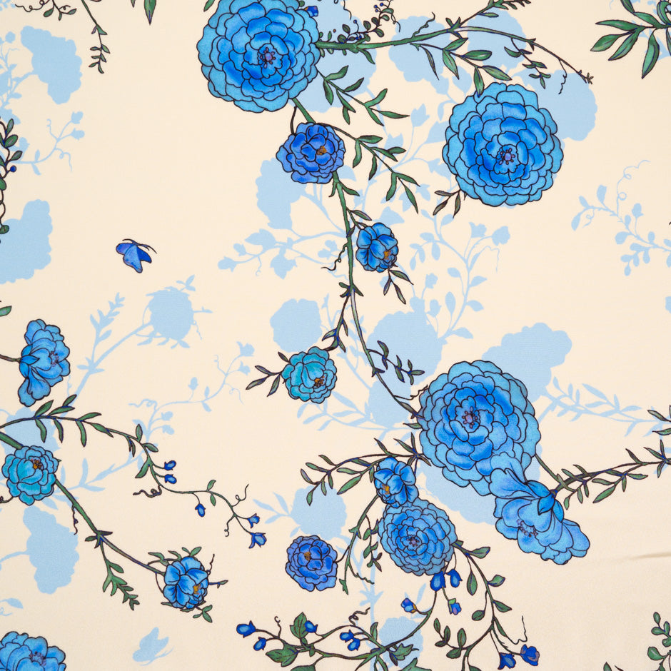 Blue Floral Printed Cream Double Silk Crêpe