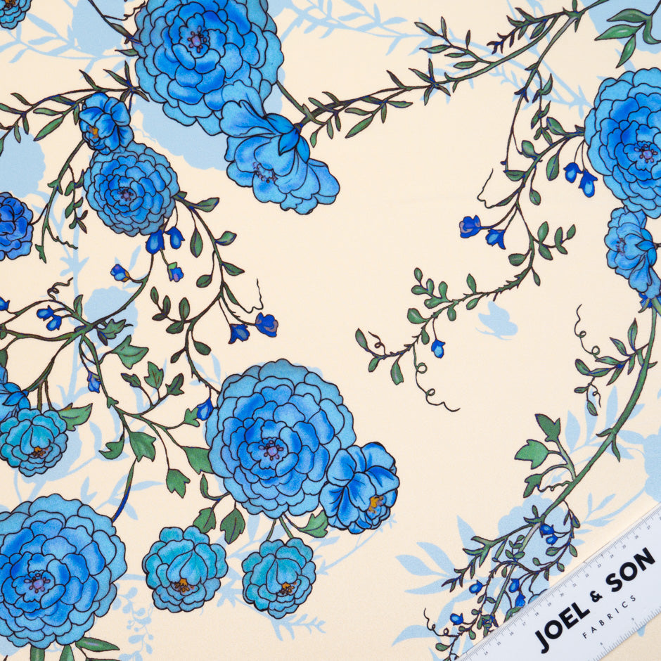 Blue Floral Printed Cream Double Silk Crêpe