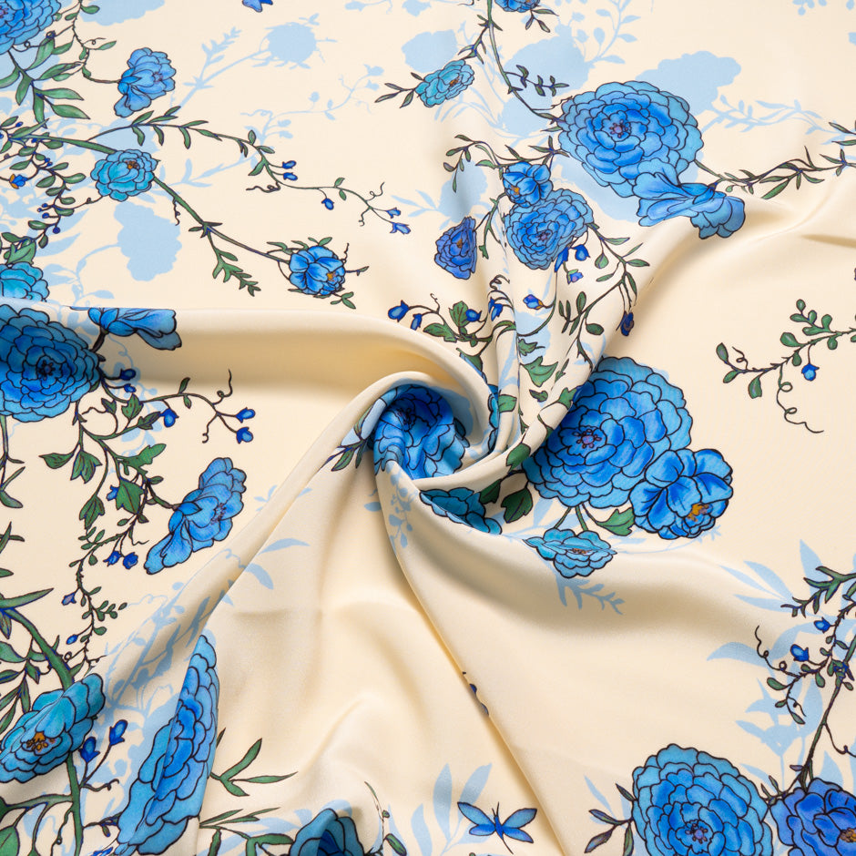 Blue Floral Printed Cream Double Silk Crêpe