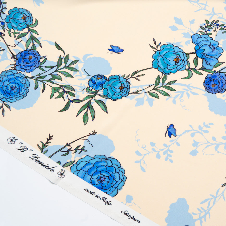 Blue Floral Printed Cream Double Silk Crêpe