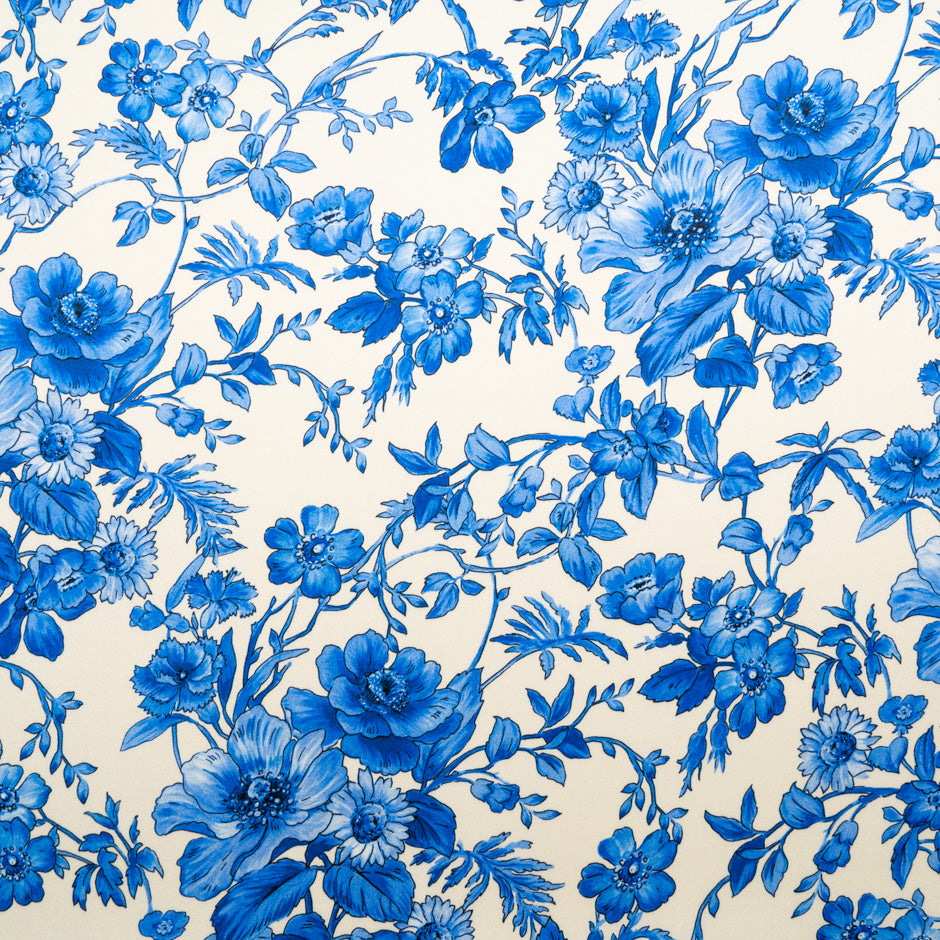 Royal Blue Floral Printed Ivory Silk Crêpe (A 2.85m Piece)