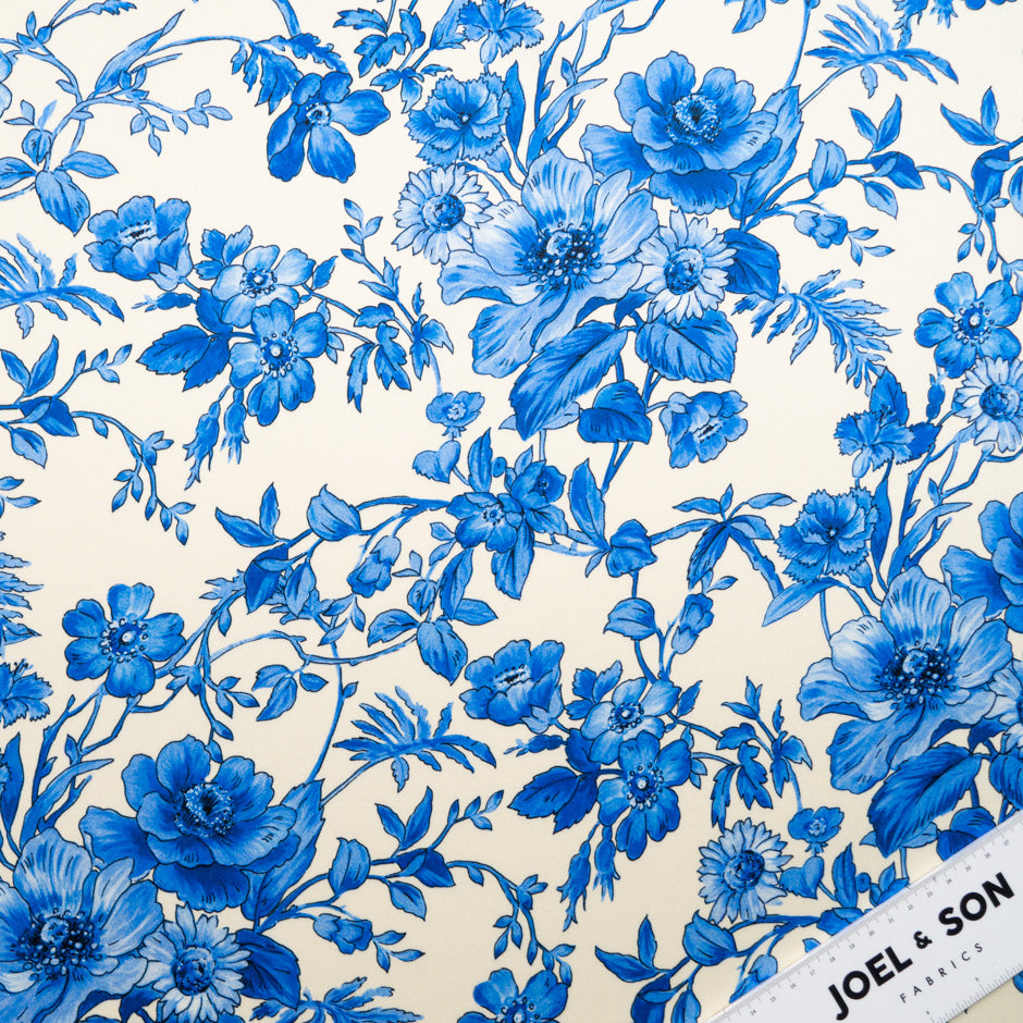 Royal Blue Floral Printed Ivory Silk Crêpe (A 2.85m Piece)