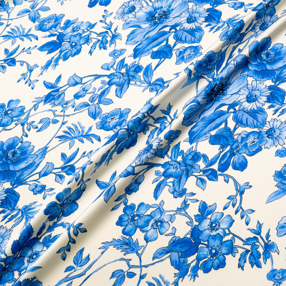 Royal Blue Floral Printed Ivory Silk Crêpe (A 2.85m Piece)
