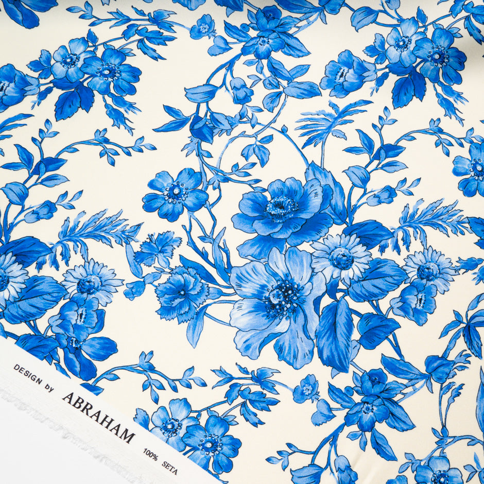 Royal Blue Floral Printed Ivory Silk Crêpe (A 2.85m Piece)