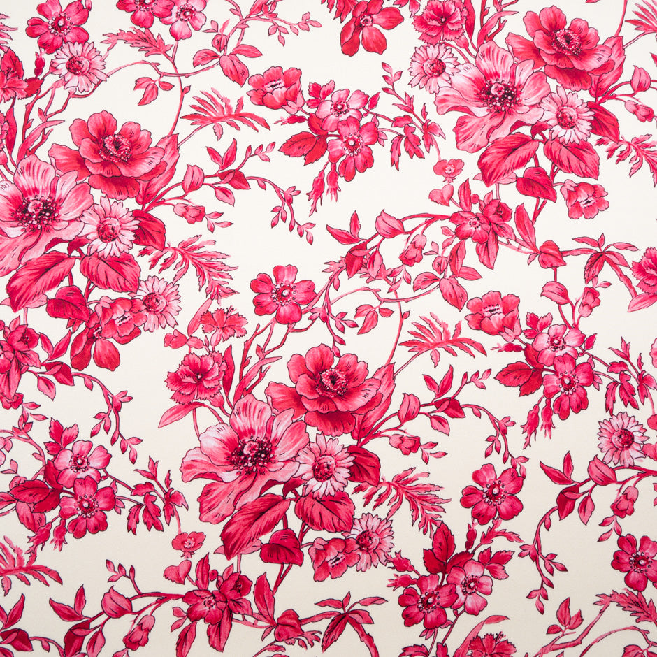 Magenta Pink Floral Printed Ivory Silk Crêpe (A 2.45m Piece)