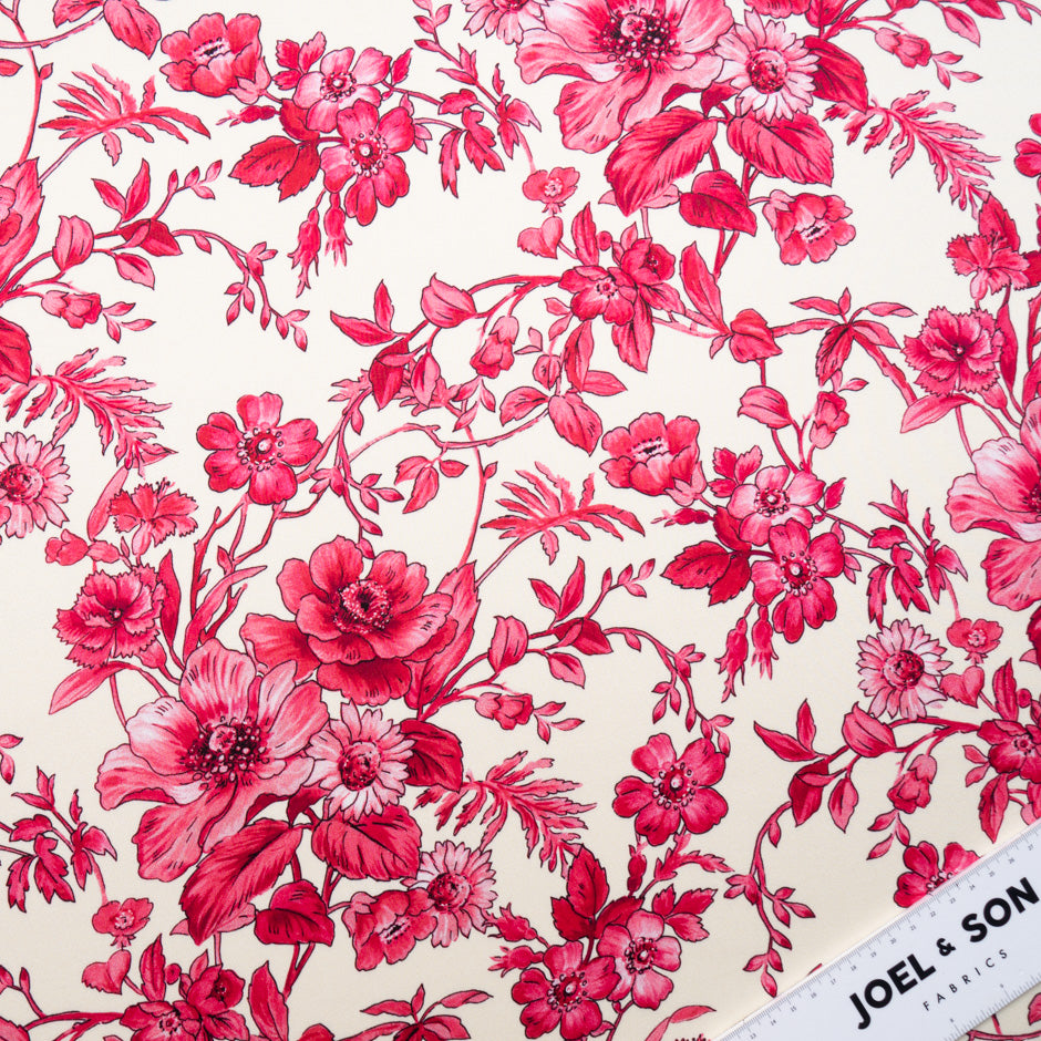 Magenta Pink Floral Printed Ivory Silk Crêpe (A 2.45m Piece)
