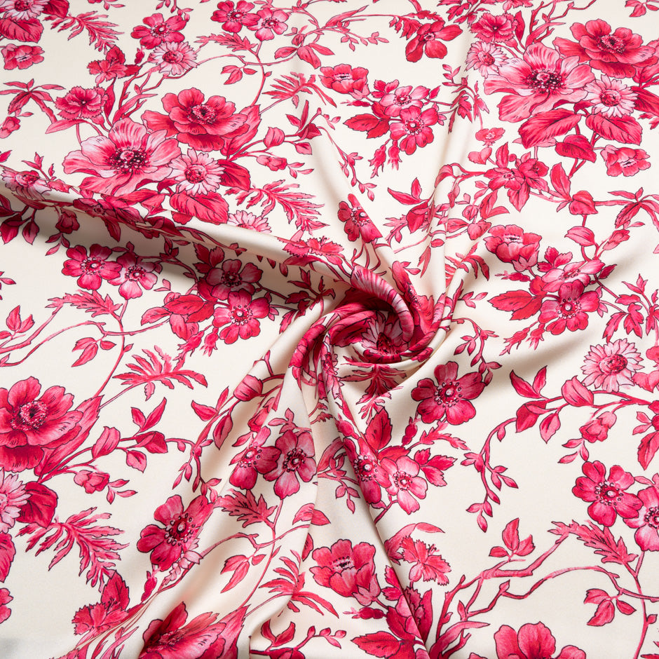 Magenta Pink Floral Printed Ivory Silk Crêpe (A 2.45m Piece)