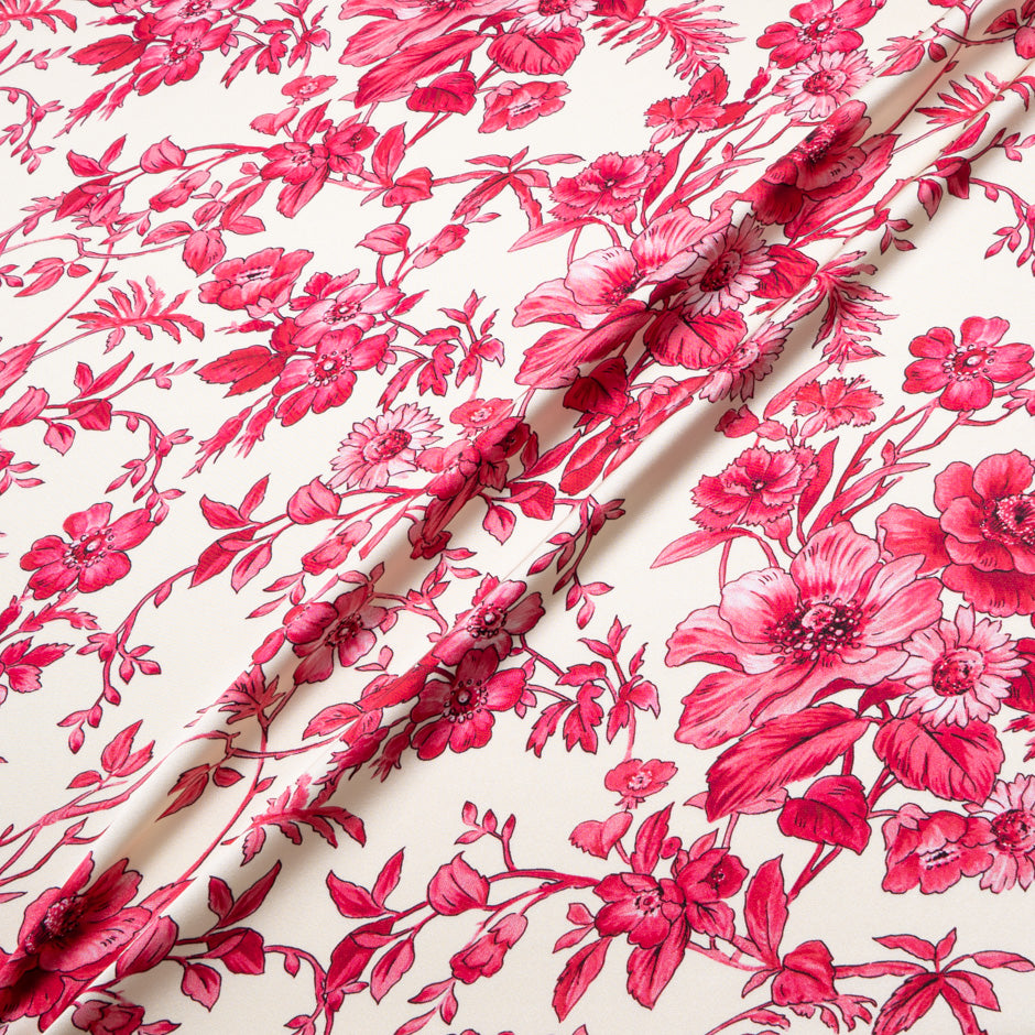 Magenta Pink Floral Printed Ivory Silk Crêpe (A 2.45m Piece)