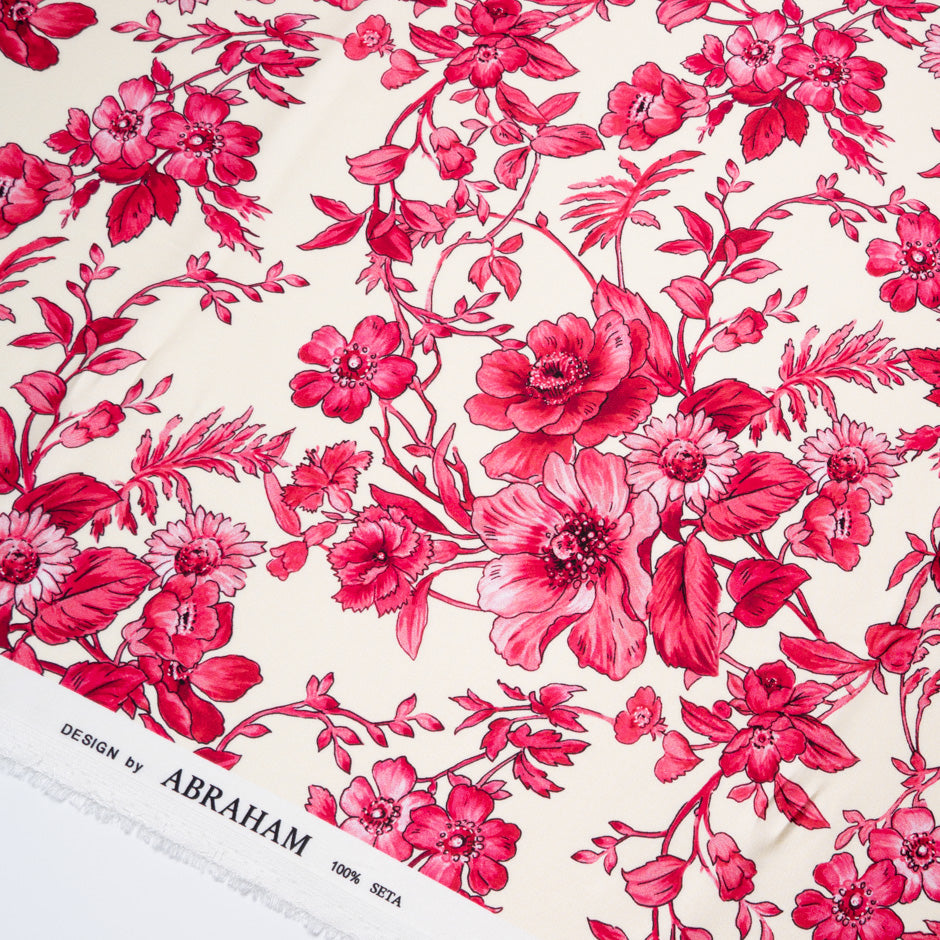 Magenta Pink Floral Printed Ivory Silk Crêpe (A 2.45m Piece)