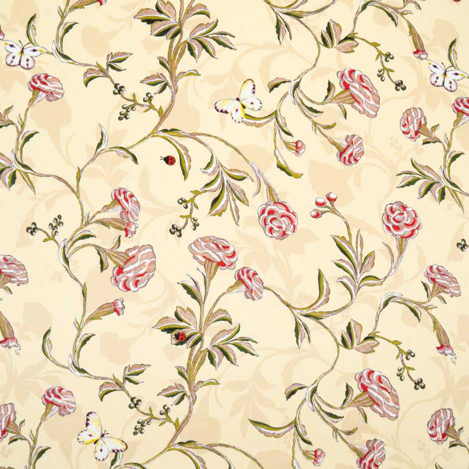 Beige & Red Floral Printed Vanilla Silk Crêpe