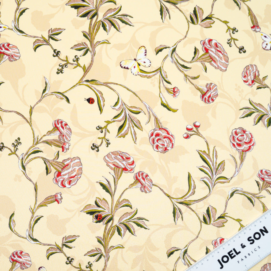 Beige & Red Floral Printed Vanilla Silk Crêpe