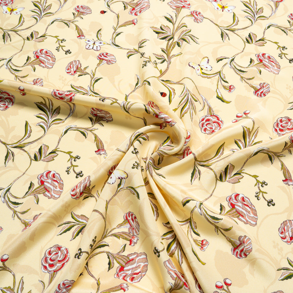 Beige & Red Floral Printed Vanilla Silk Crêpe