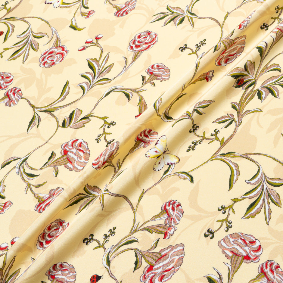 Beige & Red Floral Printed Vanilla Silk Crêpe