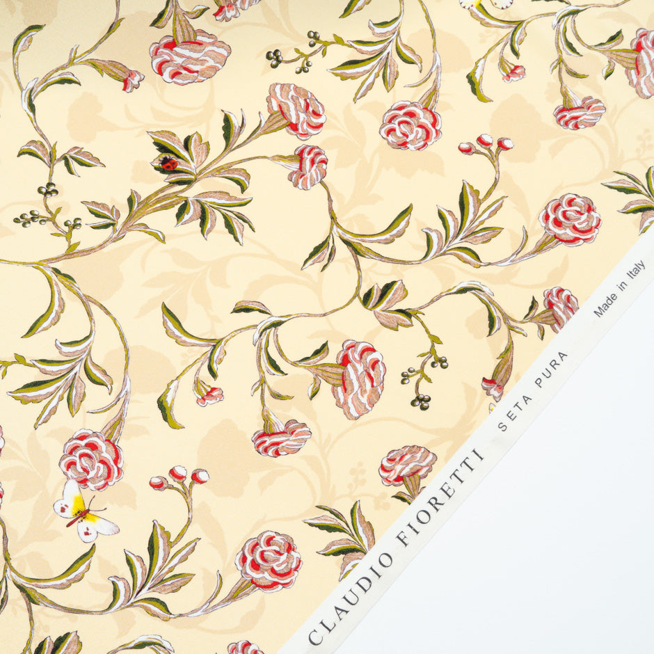 Beige & Red Floral Printed Vanilla Silk Crêpe