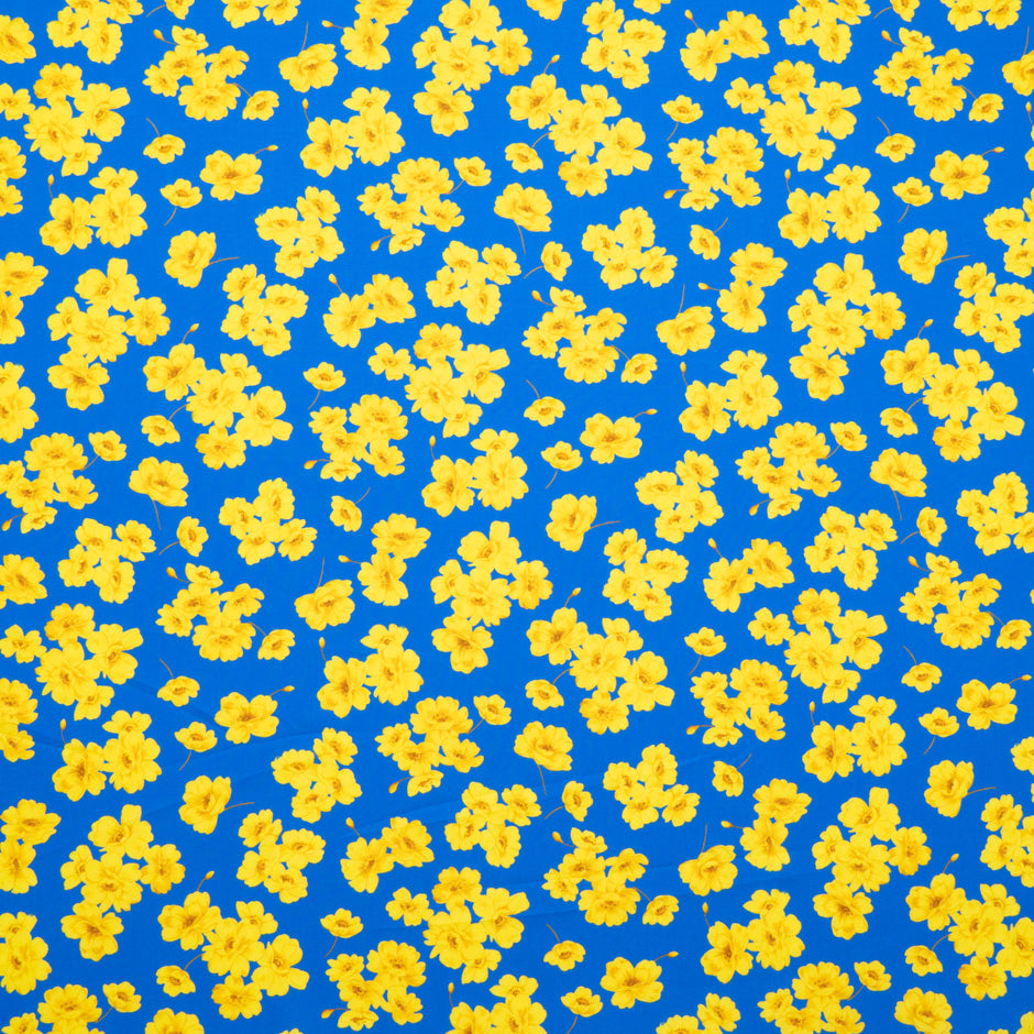 Canary Yellow Floral Printed Blue Pure Cotton (A 2.30m Piece)