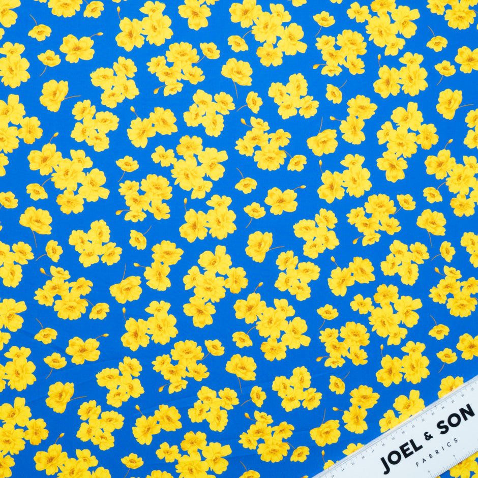 Canary Yellow Floral Printed Blue Pure Cotton (A 2.30m Piece)