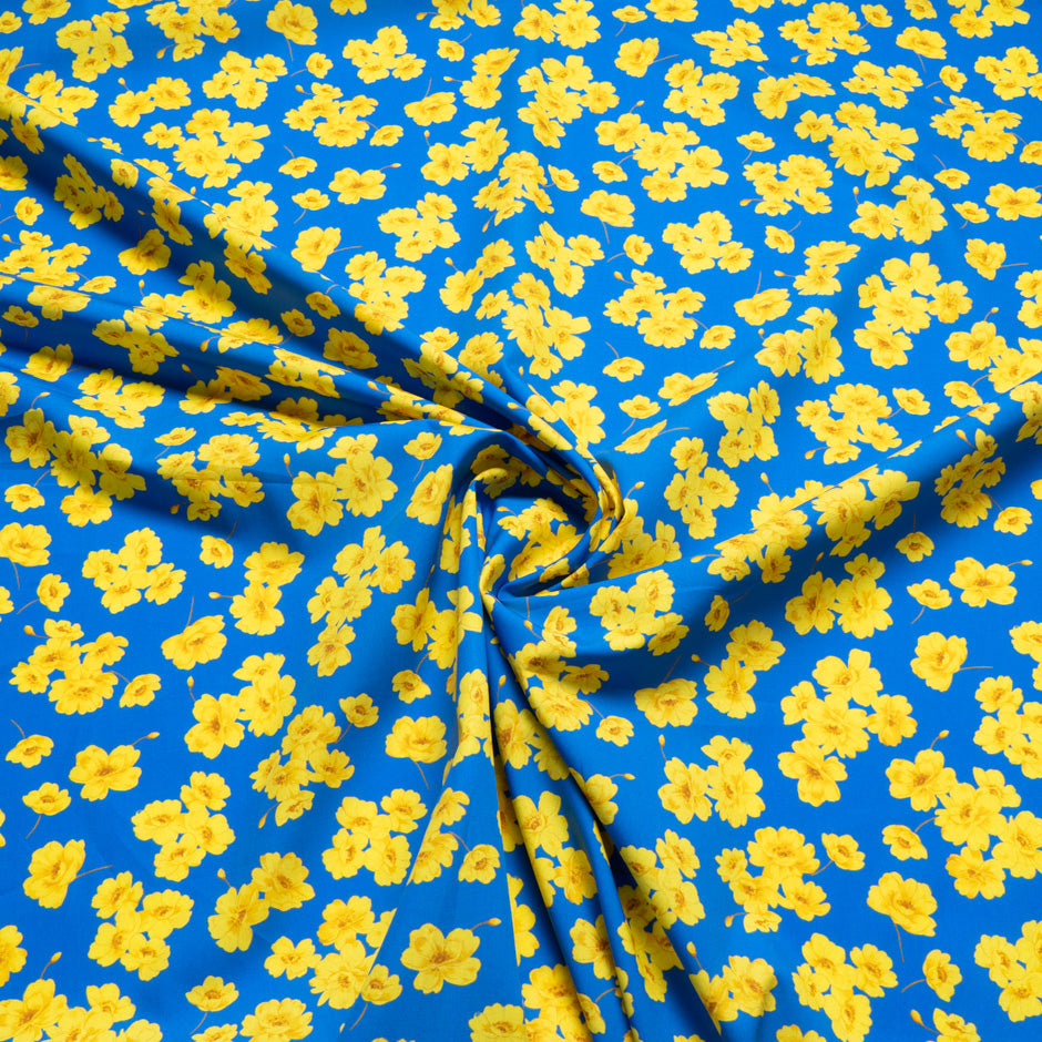 Canary Yellow Floral Printed Blue Pure Cotton (A 2.30m Piece)