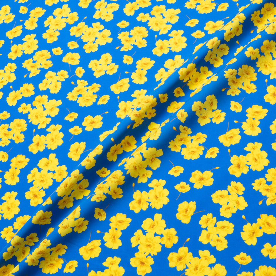 Canary Yellow Floral Printed Blue Pure Cotton (A 2.30m Piece)