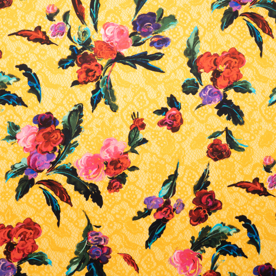 Red Floral on Yellow Lace Printed Luxury Cotton