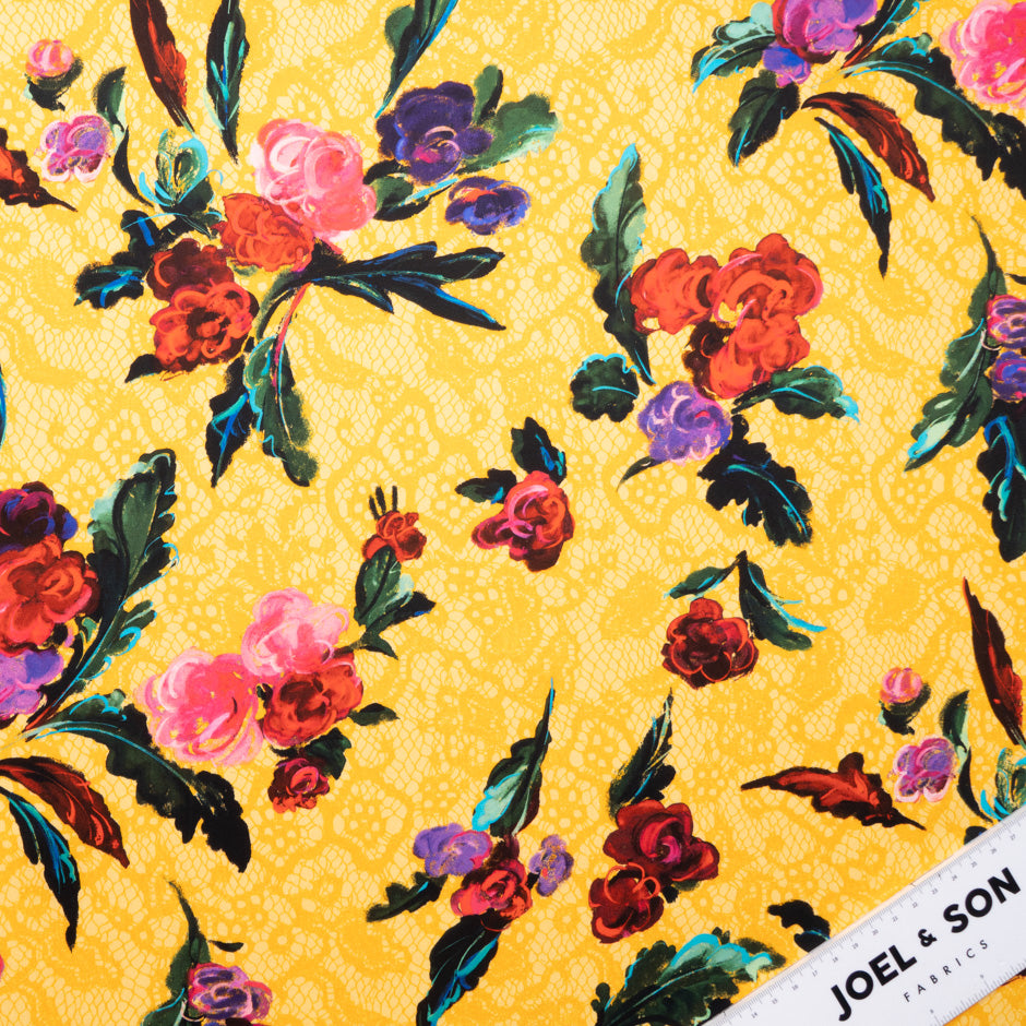 Red Floral on Yellow Lace Printed Luxury Cotton