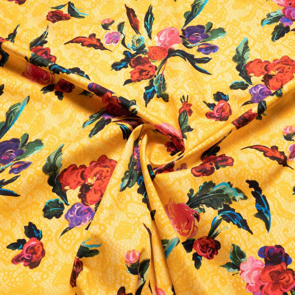Red Floral on Yellow Lace Printed Luxury Cotton