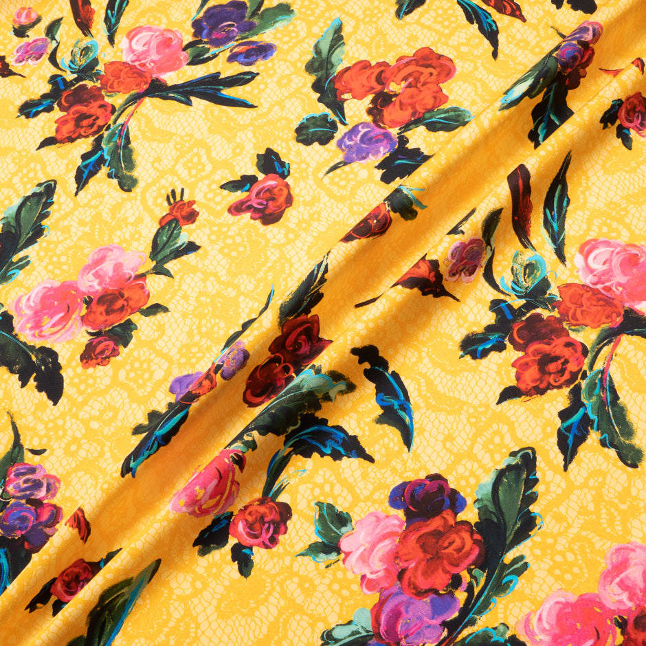 Red Floral on Yellow Lace Printed Luxury Cotton