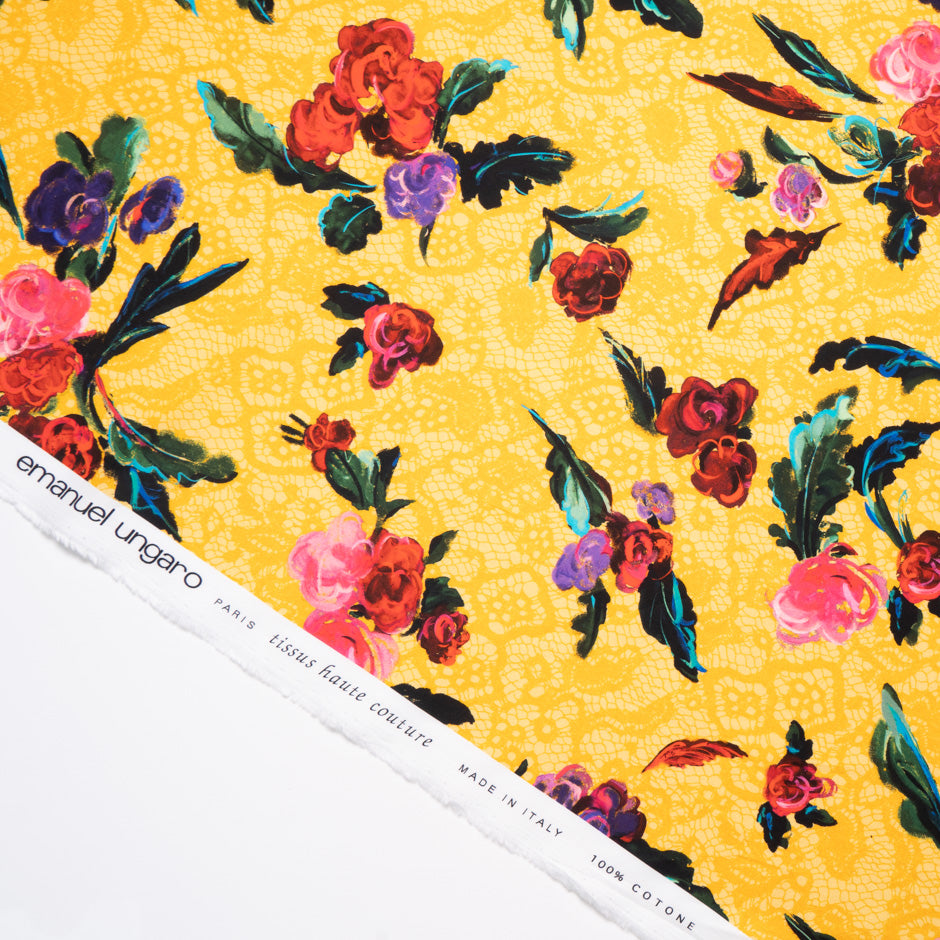 Red Floral on Yellow Lace Printed Luxury Cotton