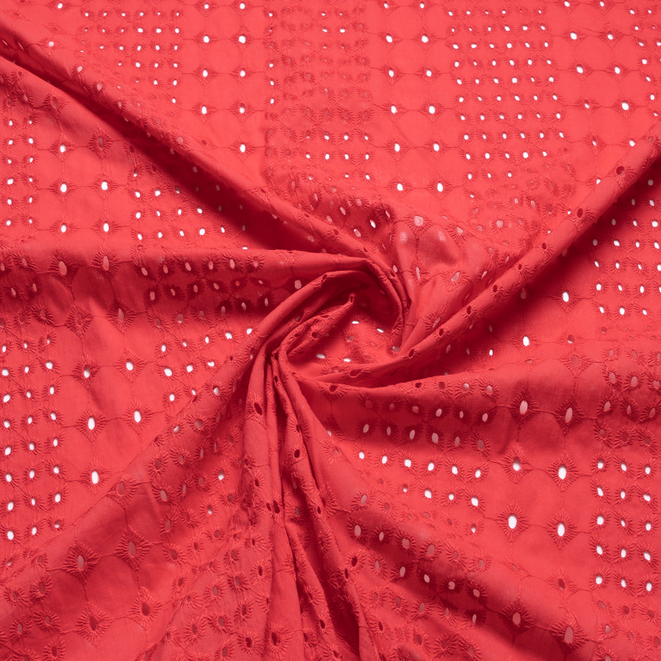 Cherry Red Open Work Embroidered Pure Cotton