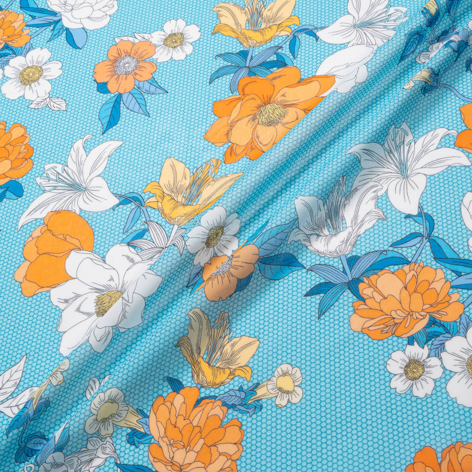 Orange Floral Printed Blue Pure Cotton Voile