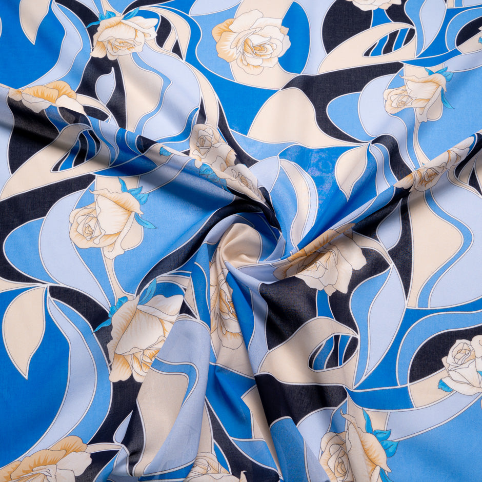 Blue & Beige Printed Pure Cotton Voile