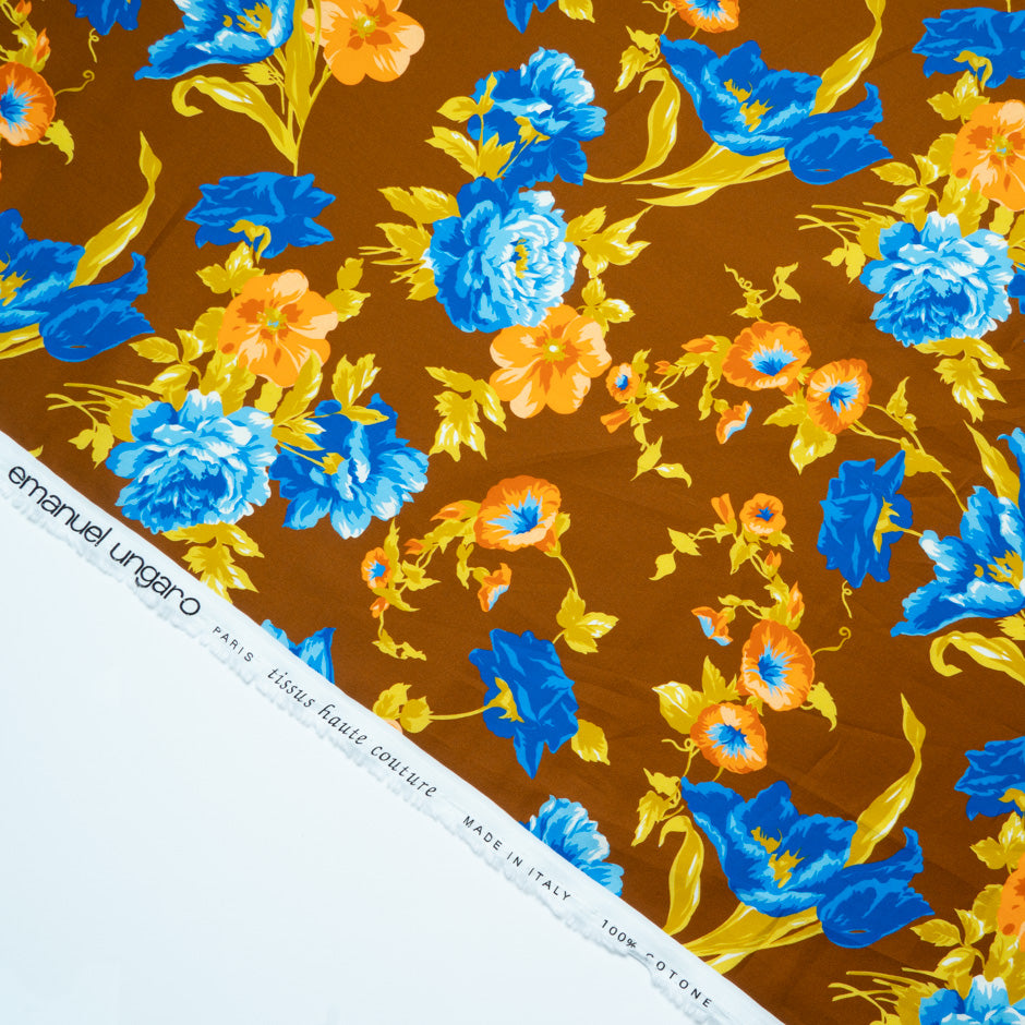 Blue Floral Printed Chocolate Brown Luxury Cotton