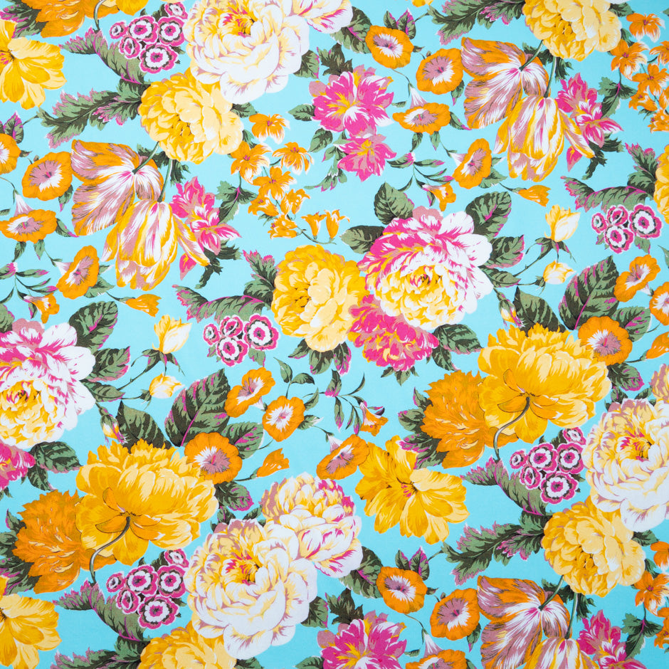 Busy Floral Printed Turquoise Luxury Cotton (A 2.30m Piece)