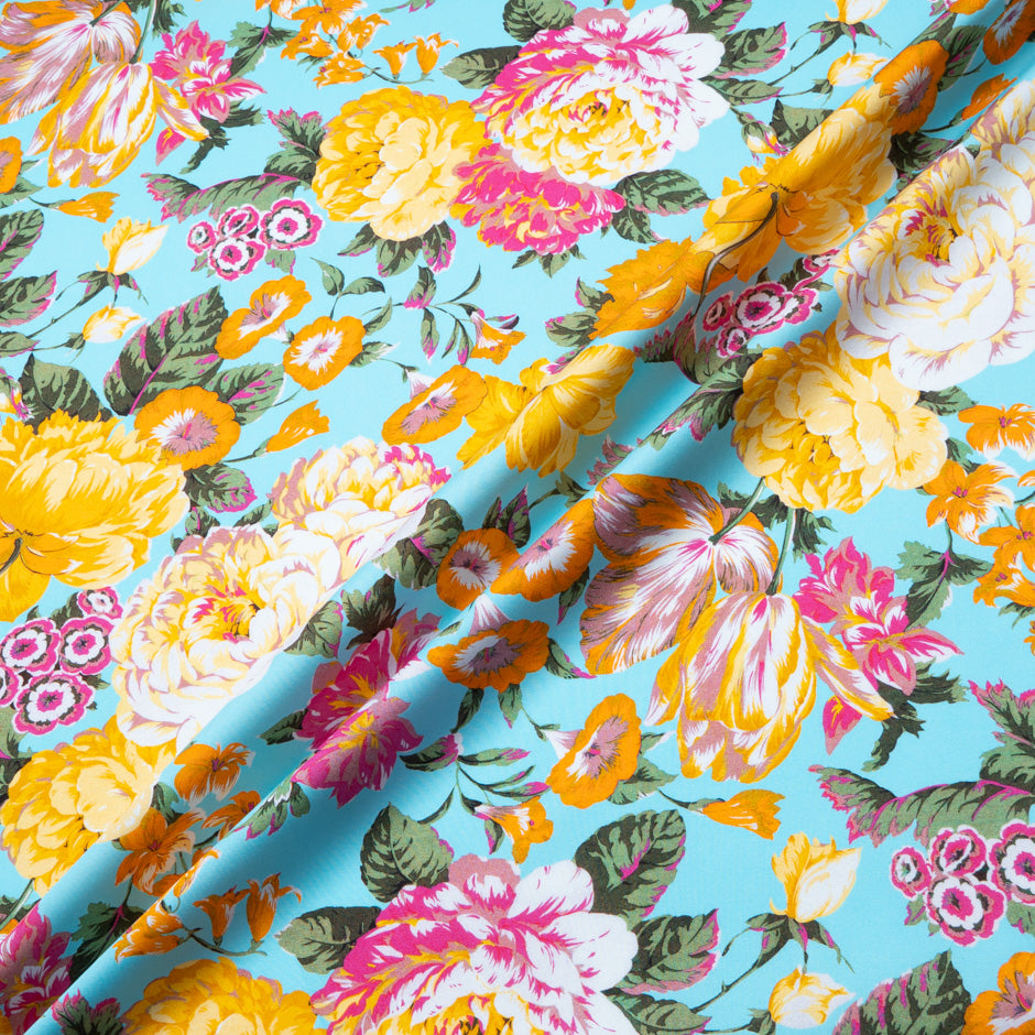 Busy Floral Printed Turquoise Luxury Cotton (A 2.30m Piece)