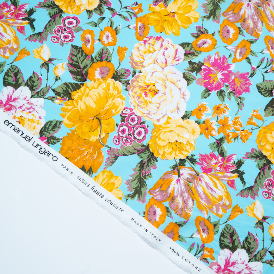 Busy Floral Printed Turquoise Luxury Cotton (A 2.30m Piece)