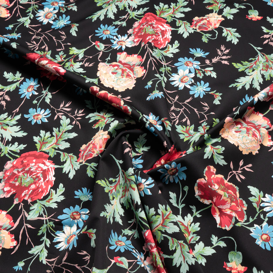 Multi Floral Printed Black Luxury Cotton