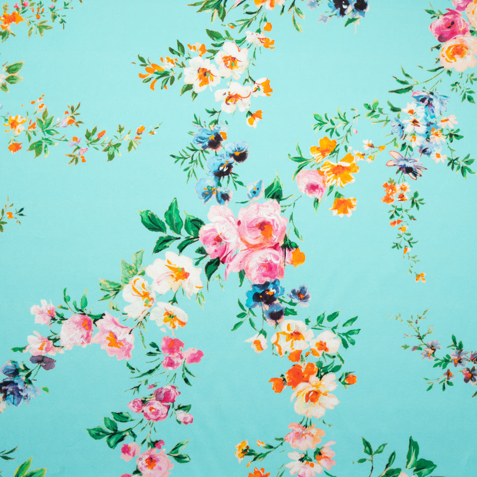 Pretty Floral Printed Turquoise Luxury Cotton (A 2.25m Piece)
