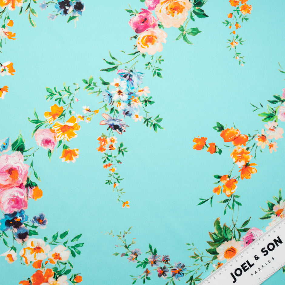 Pretty Floral Printed Turquoise Luxury Cotton (A 2.25m Piece)