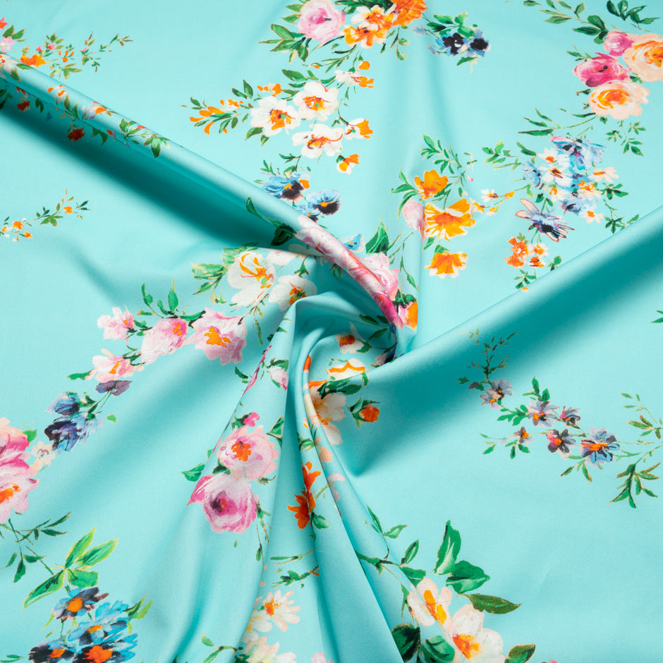 Pretty Floral Printed Turquoise Luxury Cotton (A 2.25m Piece)