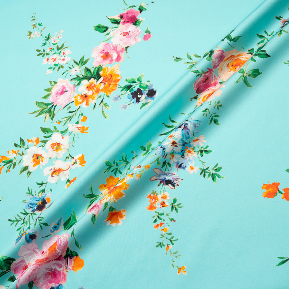 Pretty Floral Printed Turquoise Luxury Cotton (A 2.25m Piece)
