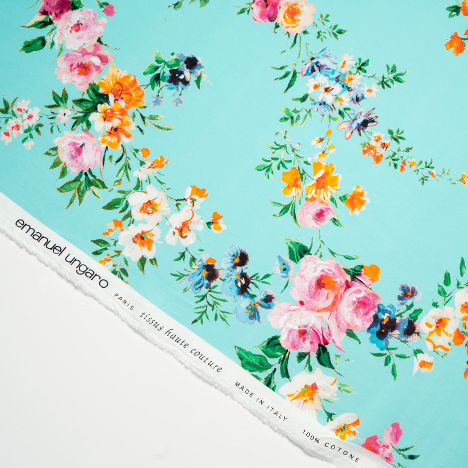 Pretty Floral Printed Turquoise Luxury Cotton (A 2.25m Piece)