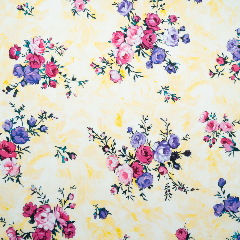 Pink & Purple Floral Printed Yellow Luxury Cotton