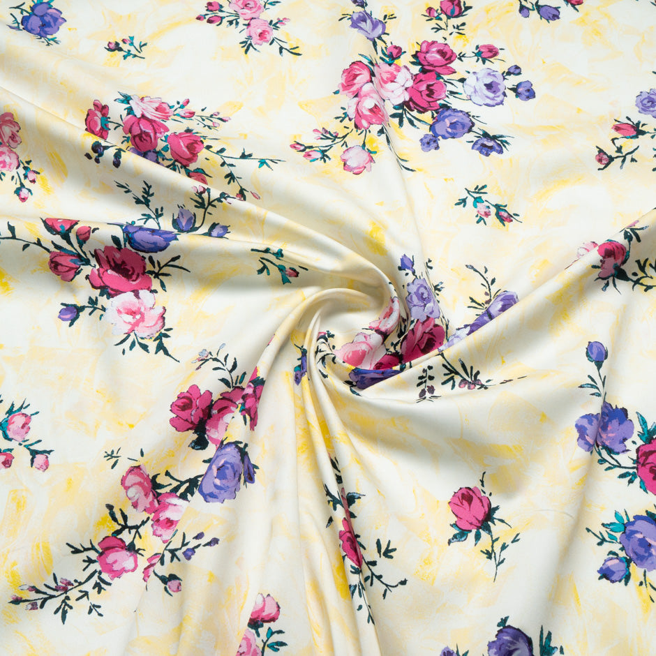 Pink & Purple Floral Printed Yellow Luxury Cotton