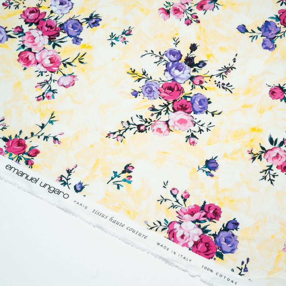 Pink & Purple Floral Printed Yellow Luxury Cotton