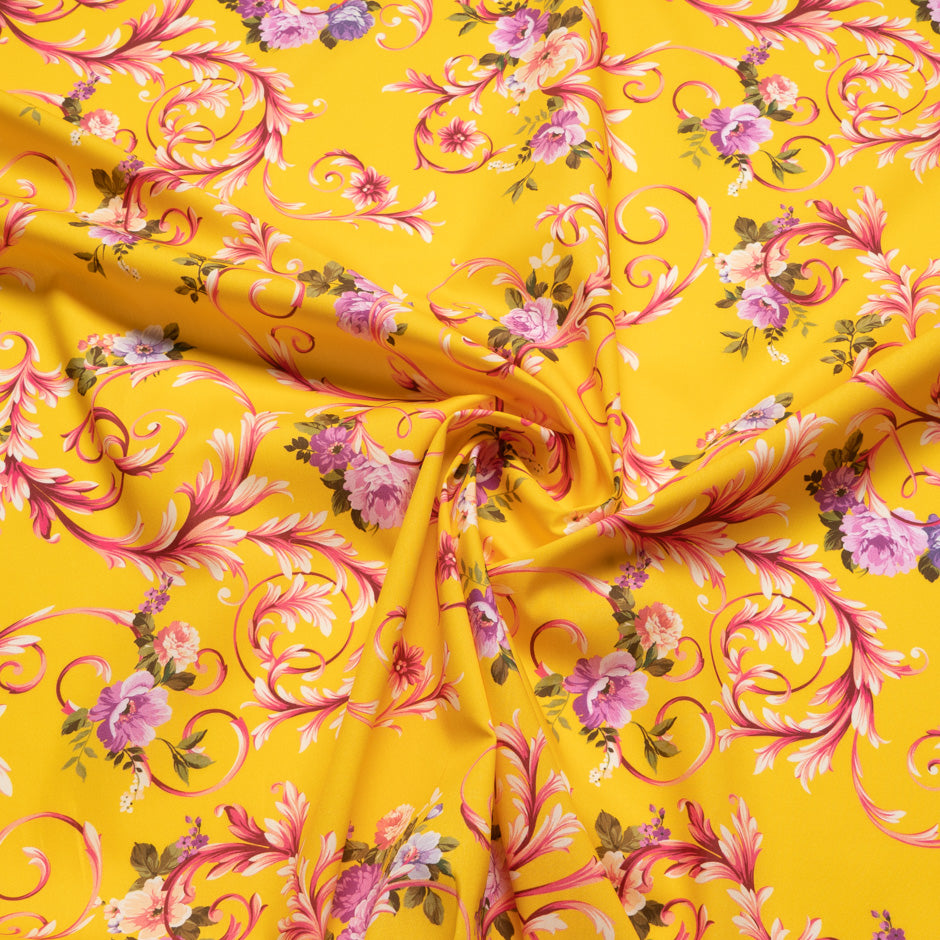Pink Floral Printed Deep Yellow Superfine Cotton