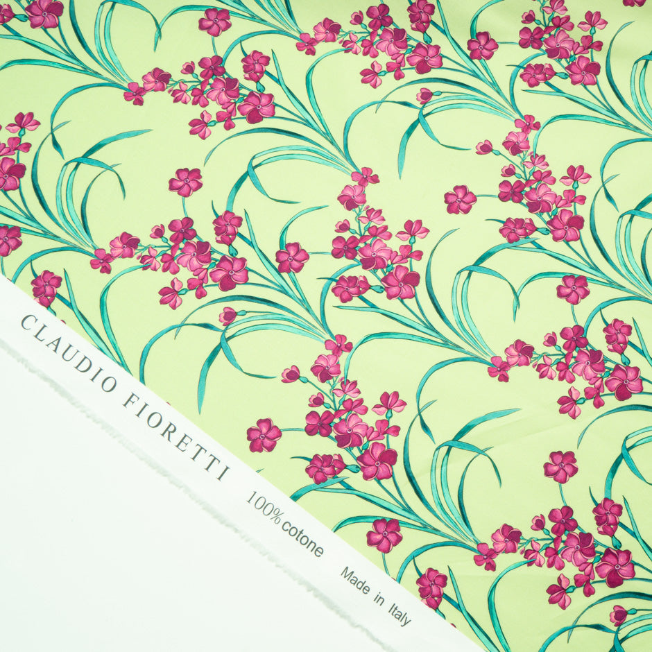 Magenta Pink Floral Printed Soft Green Luxury Cotton (A 3.70m Piece)