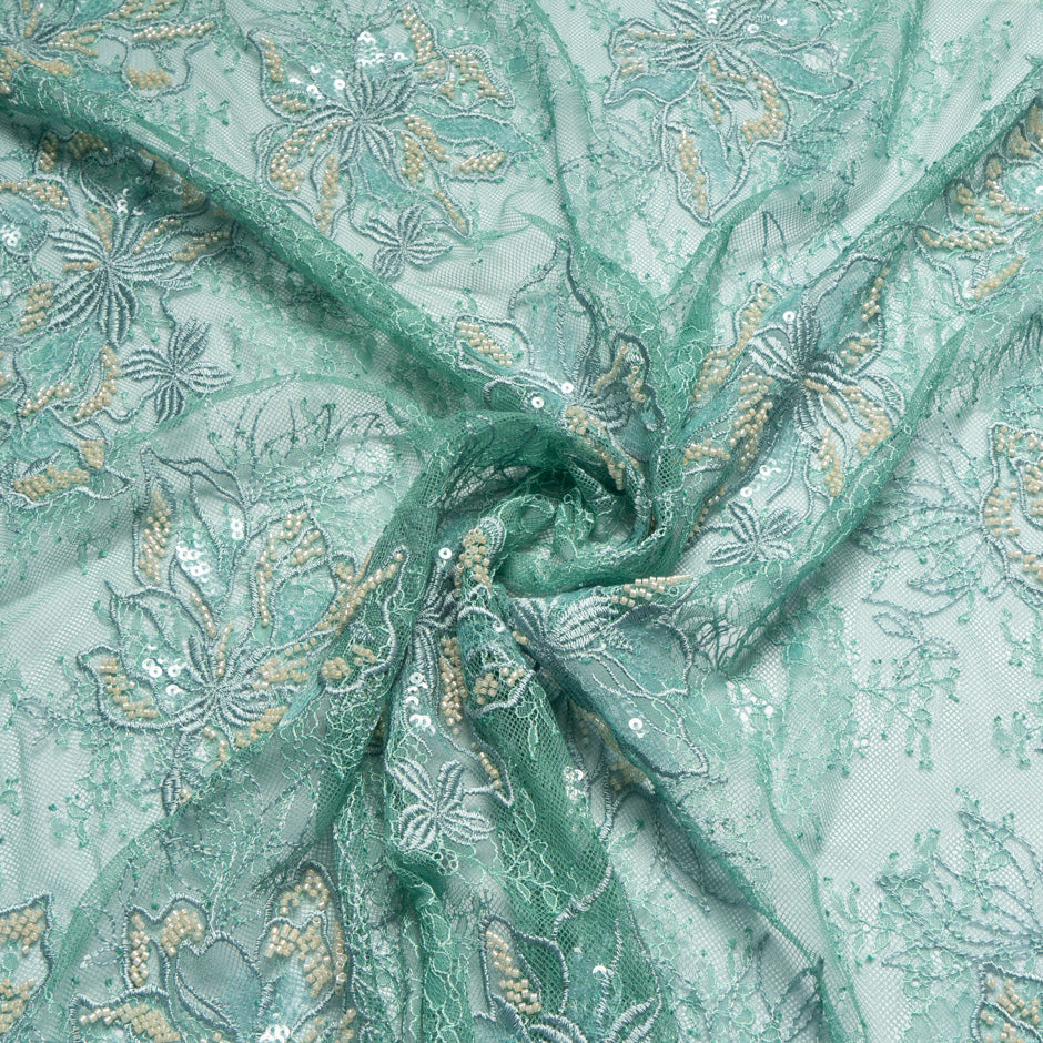 Deep Duck Egg Beaded & Sequinned Lace