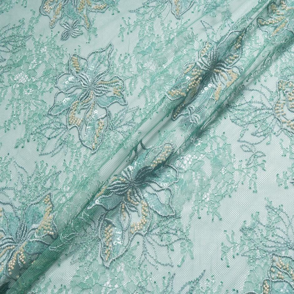 Deep Duck Egg Beaded & Sequinned Lace