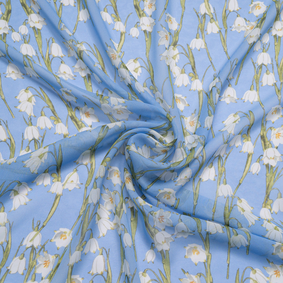 White Snow Drop Periwinkle Blue Silk Georgette