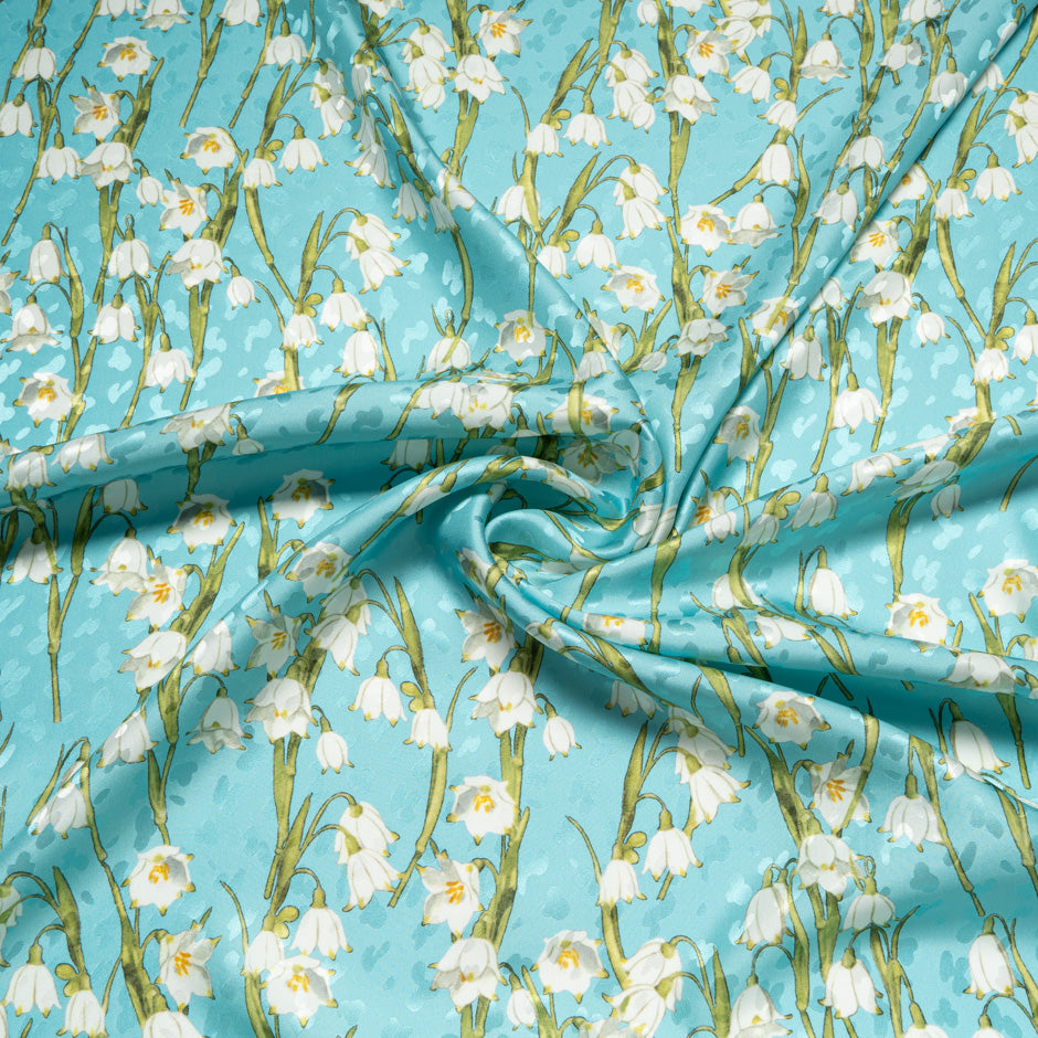 White Lily of the Valley Turquoise Silk Jacquard