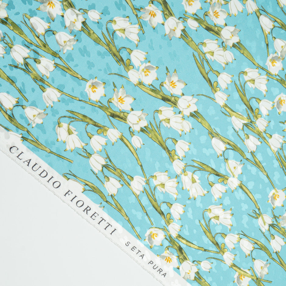White Lily of the Valley Turquoise Silk Jacquard